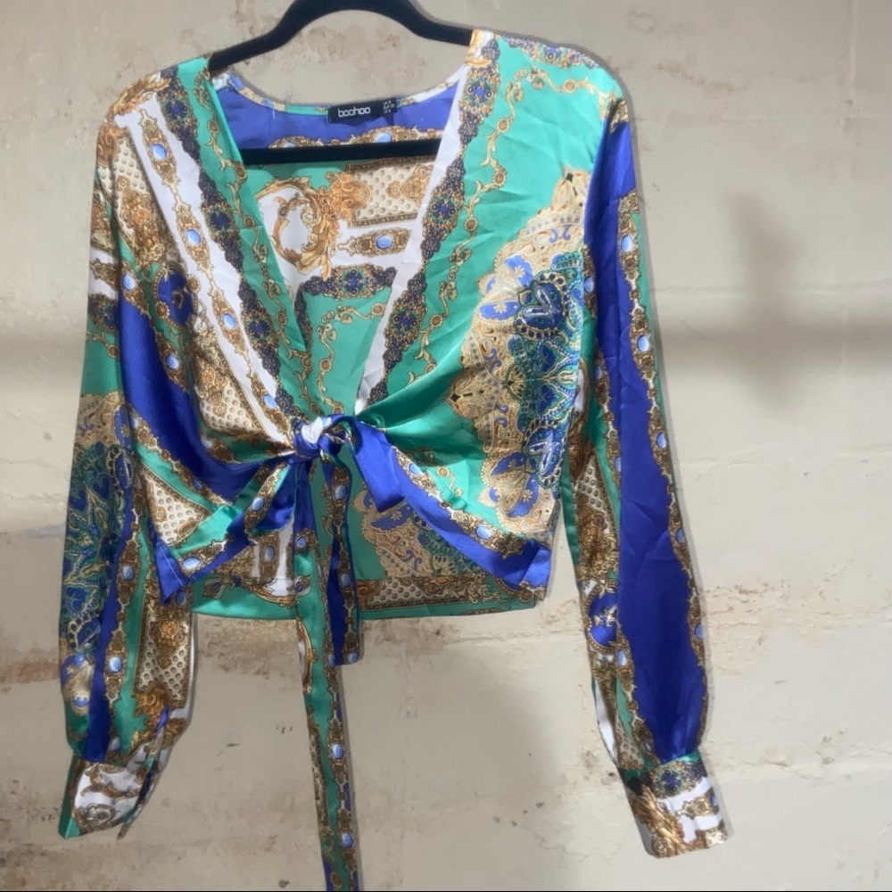 Boohoo scarf satin front knot shirt